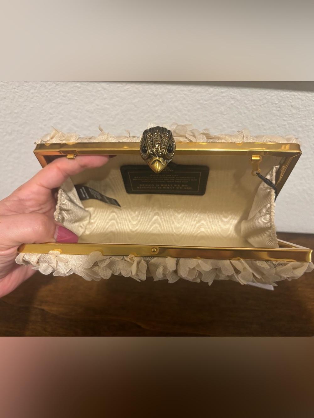 Kurt Geiger cream floral ruffle frame clutch - Picture 13 of 13